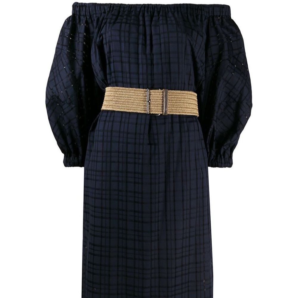 Brunello Cucinelli Idi Midi Dress Off Shoulders Navy Raffia Monili Belt Medium - Picture 3 of 15